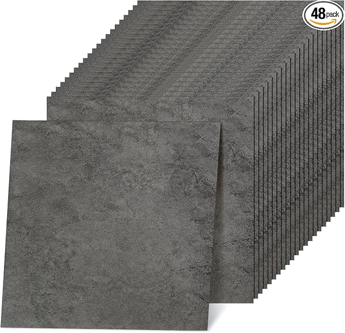 Spiareal 48 Pieces Peel and Stick Floor Tiles Vinyl Flooring 12 x 12 Inch Stick on Floor Tile Self Adhesive Waterproof DIY for Bathroom Kitchen Bedroom Living Room(Gray Grain)