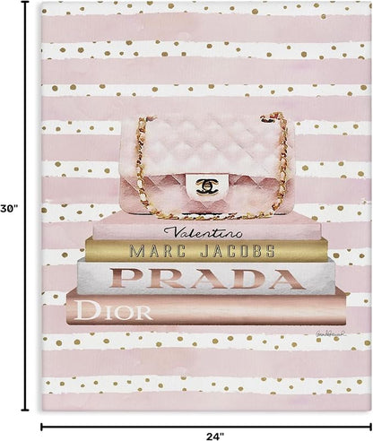 Stupell Industries 'Pink Purse Bookstack over Stripes'| Canvas Art | Stupell Industries | 24 x 30 Inches, Easy to Hang and Sturdy, Made in USA, by Amanda Greenwood