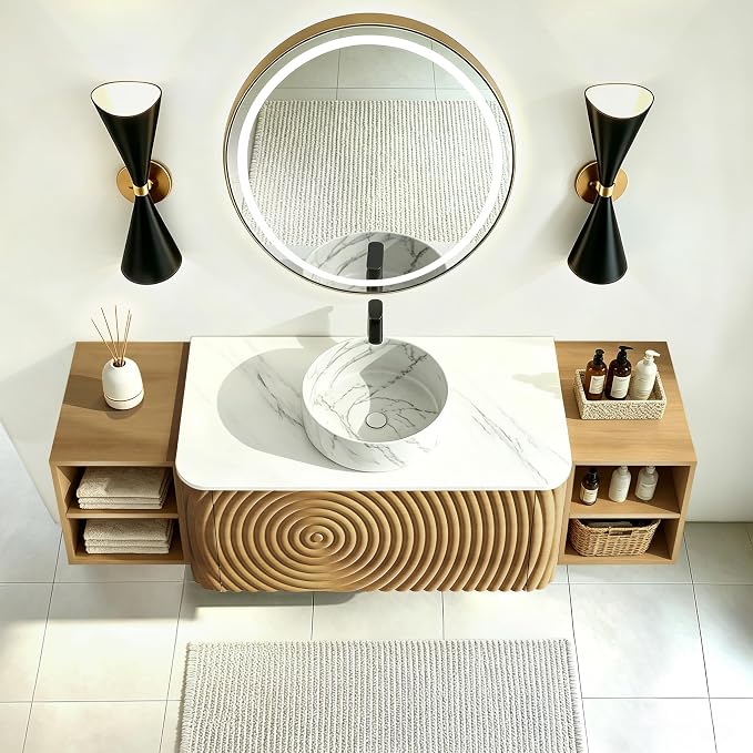 60" Floating Bathroom Vanity with Sink, Mid-Century Wall Mounted Bathroom Vanity Cabinet with Wood Waved Decor,Marble Ceramic Basin and Sintered Stone Top, Soft Close Drawer, 2 Side Open Cube