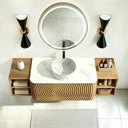 60" Floating Bathroom Vanity with Sink, Mid-Century Wall Mounted Bathroom Vanity Cabinet with Wood Waved Decor,Marble Ceramic Basin and Sintered Stone Top, Soft Close Drawer, 2 Side Open Cube