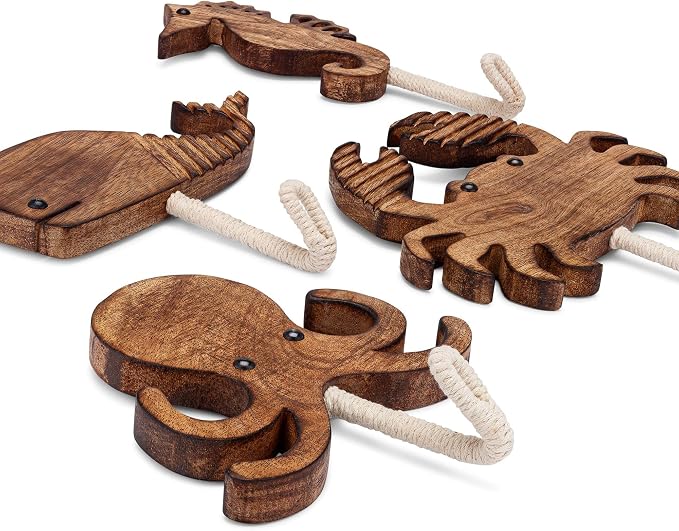 Crane Baby Sea Life Wooden Wall Hooks - Set of 4 Wooden Ocean Nursery Decor Towel Hooks, Brown