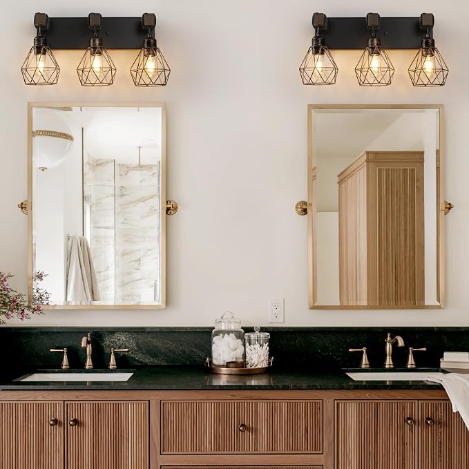 VbiTmn Black Gold Bathroom Light Fixtures, 3-Light Farmhouse Vanity Light | Wood Vanity Lights, Rustic Wall Mount Over Mirror for Bedroom & Hallway, Easy to Install, Sturdy Build for Bathroom Use