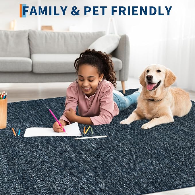 Garvee Washable Living Room Area Rugs 4x6 Kids Rugs for Bedroom, Navy | Modern Solid Color Non Slip Backing Low Pile Non Shedding Stain Resistant Neutral Soft Rug for Entryway Dining Room Dorm