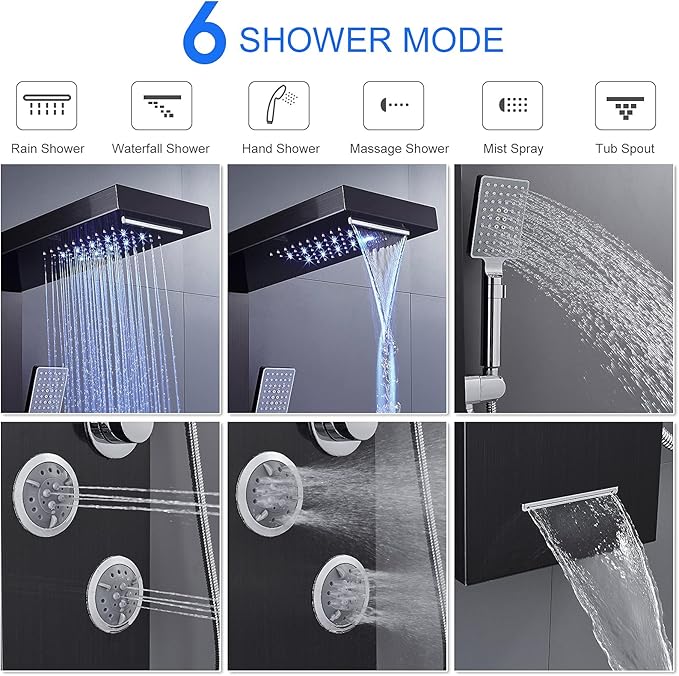 MENATT LED Shower Panels Tower System, SUS304 Stainless Steel Bathroom Shower Panel System with 4 Body Jets, Rainfall, Waterfall, Handheld Shower, Tub Faucet (Black)