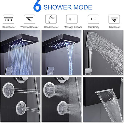 MENATT LED Shower Panels Tower System, SUS304 Stainless Steel Bathroom Shower Panel System with 4 Body Jets, Rainfall, Waterfall, Handheld Shower, Tub Faucet (Black)
