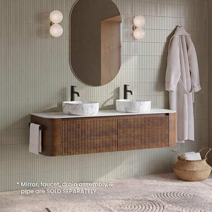 60" Preassembled Double Floating Bathroom Vanity with Carrara Sink, Walnut | Mid-Century Modern Style, Fluted & Soft-Close Drawer with U-shaped Wall, Sinterted Stone Countertop, Towel Rack Included