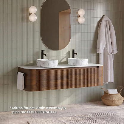 60" Preassembled Double Floating Bathroom Vanity with Carrara Sink, Walnut | Mid-Century Modern Style, Fluted & Soft-Close Drawer with U-shaped Wall, Sinterted Stone Countertop, Towel Rack Included