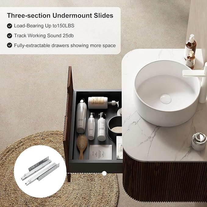 30 inch Floating Bathroom Vanity with Sink, Natural Solid Wood Modern Bathroom Vanities with Ultra-Thin Ceramic Basin and Marble Top, Soft-Close Drawer, Pre-Assembled, Dark Walnut