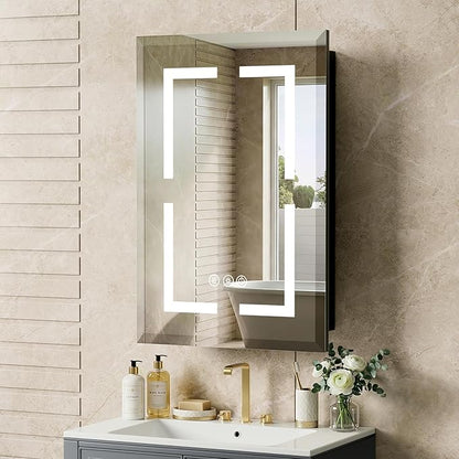 16"X24" Bathroom Medicine Cabinet with Mirror, LED Lighted Medicine Cabinet with Anti-Fog, 3 Colors Temperature Stepless Dimmable, Metal Cabinet for Storage and Mordern Decor, Black