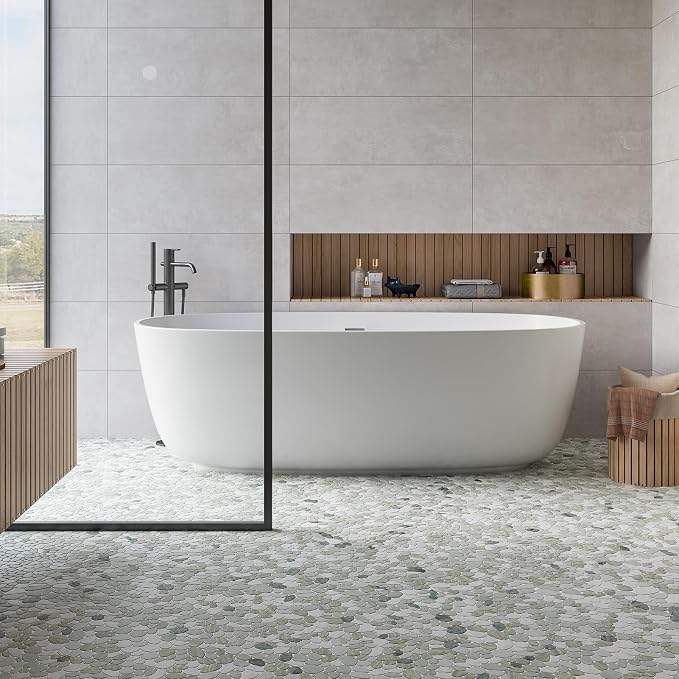 Pebble Tile, Ocean Green Sliced Pebble Stone Tiles for Shower Kitchen Backsplash Bathroom Wall and Floor, 4 Sheets