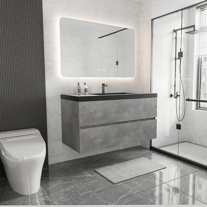 42 Inch Floating Bathroom Vanity with Sink, Modern Grey Wall Mounted Floating Vanity with Scratch-Resistant Quartz Sand Basin and Soft Closing Drawers, Pre Assembled Bathroom Vanity