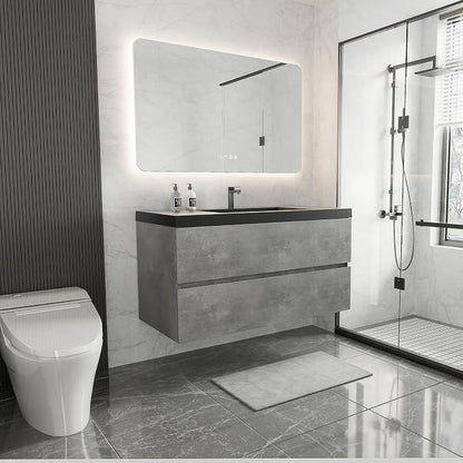 42 Inch Floating Bathroom Vanity with Sink, Modern Grey Wall Mounted Floating Vanity with Scratch-Resistant Quartz Sand Basin and Soft Closing Drawers, Pre Assembled Bathroom Vanity