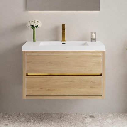 Abruzzo 36" Natural Oak Wall-Mounted Bathroom Vanity with Sink, Stone Resin Countertop & Soft-Close Drawers, Waterproof Wood Cabinet for Small Bathrooms