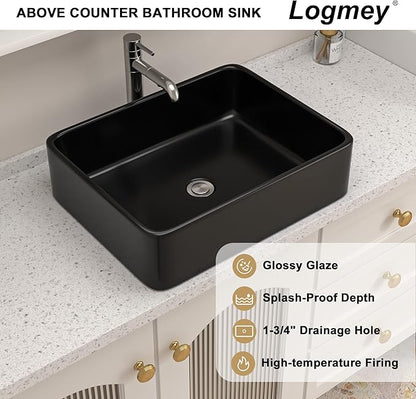 Logmey 19" Black Bathroom Vessel Sink 19x15 Sink for RV Bathroom Large Rectangle Porcelain Ceramic Modern Countertop Above Counter Bathroom Vanity Sink Art Basin