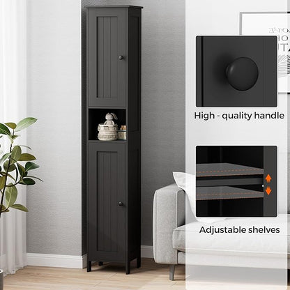 Tall Bathroom Storage Cabinet with 2 Doors, 67"H Narrow Storage Cabinet with Adjustable Shelves& Anti-Tip Design, Reversible Door Installation, Easy Assembly, 11.8 x 11.8 x 66.9 Inches, Black