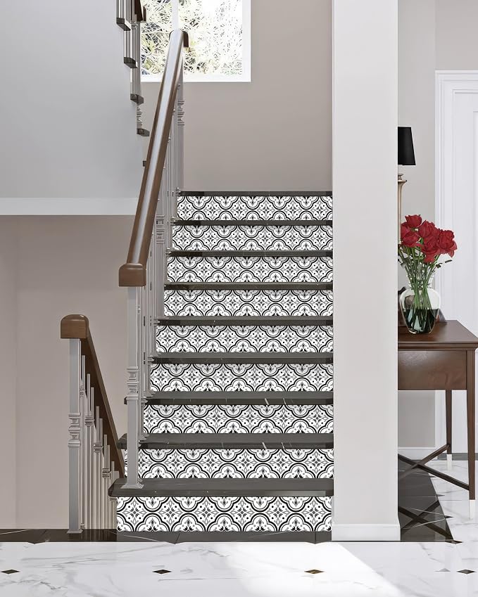 FLFK Stair Riser Decals - Black Patterns Stair Stickers Murals Peel and Stick Self-Adhesive for Home Decor, 39.3" W x 7.08" H x 13Pcs
