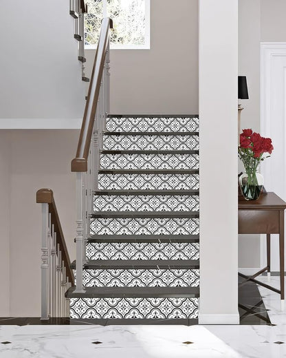 FLFK Stair Riser Decals - Black Patterns Stair Stickers Murals Peel and Stick Self-Adhesive for Home Decor, 39.3" W x 7.08" H x 13Pcs