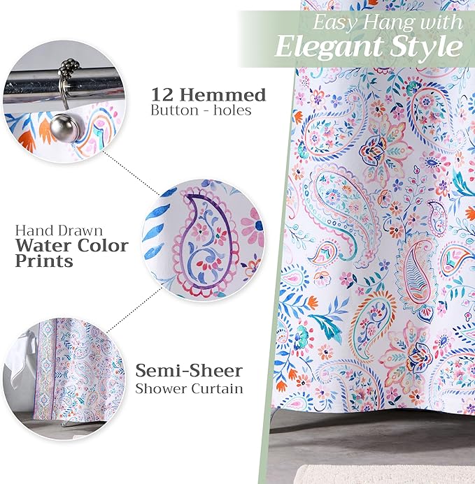 Maison d' Hermine Shower Curtain 100% Cotton One Panel 70"x72" Washable Fabric Shower Curtains for Bathroom, Easy Hanging with 12 Button Holes - Home Hotel Spa Easter Gifts (Indian Floral)