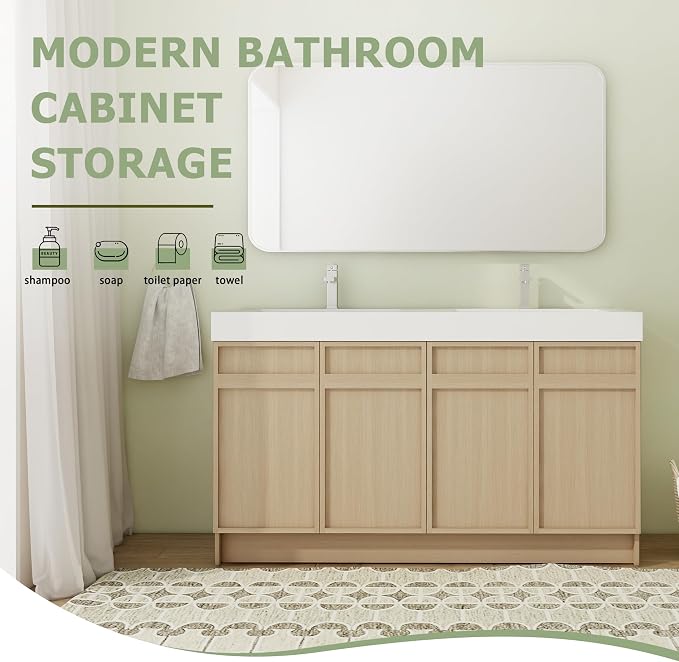 60" Double Sink Freestanding Bathroom Vanity Brown 4-Door Cabinet | Twin basins for master baths, Silent soft-close hardware, Scratch-resistant basins included