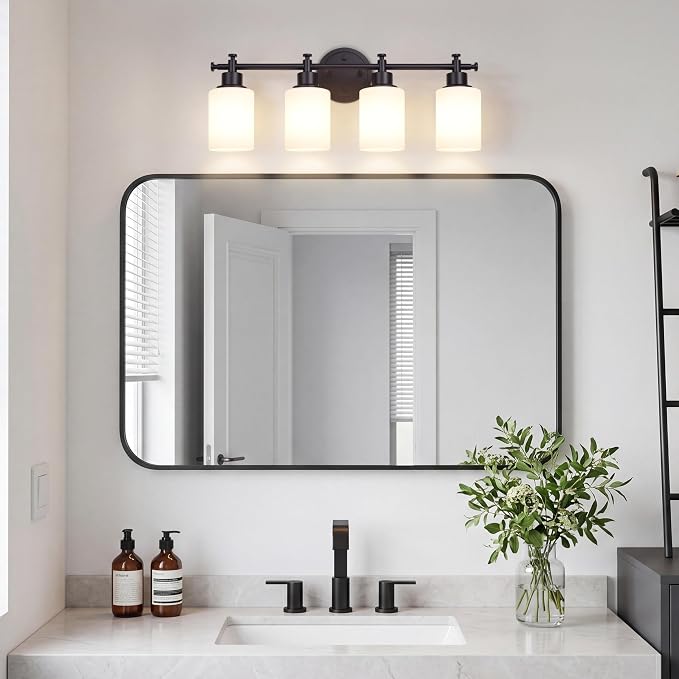 4 Light Bathroom Vanity Light Fixture, 23'' Black Vanity Light over Mirror | Modern Wall Sconce with White Glass Shades, Anti-Rust Vanity Light Fixture over Mirror, 23 Inch (Bulbs Not Included, E26)