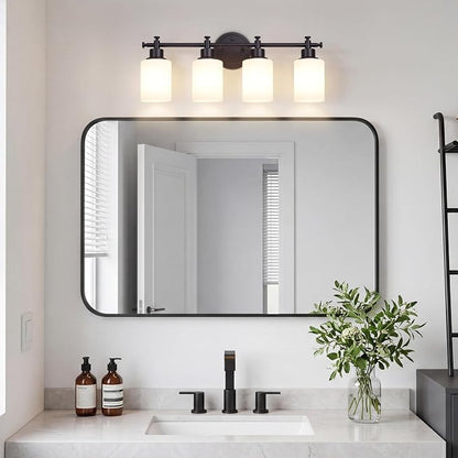 4 Light Bathroom Vanity Light Fixture, 23'' Black Vanity Light over Mirror | Modern Wall Sconce with White Glass Shades, Anti-Rust Vanity Light Fixture over Mirror, 23 Inch (Bulbs Not Included, E26)