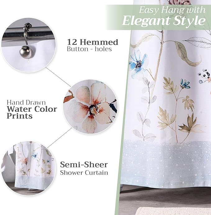 Maison d' Hermine Shower Curtain 100% Cotton One Panel 70"x72" Washable Fabric Shower Curtains for Bathroom, Easy Hanging with 12 Button Holes - Home Hotel Spa Easter Gifts (Ice Florals)