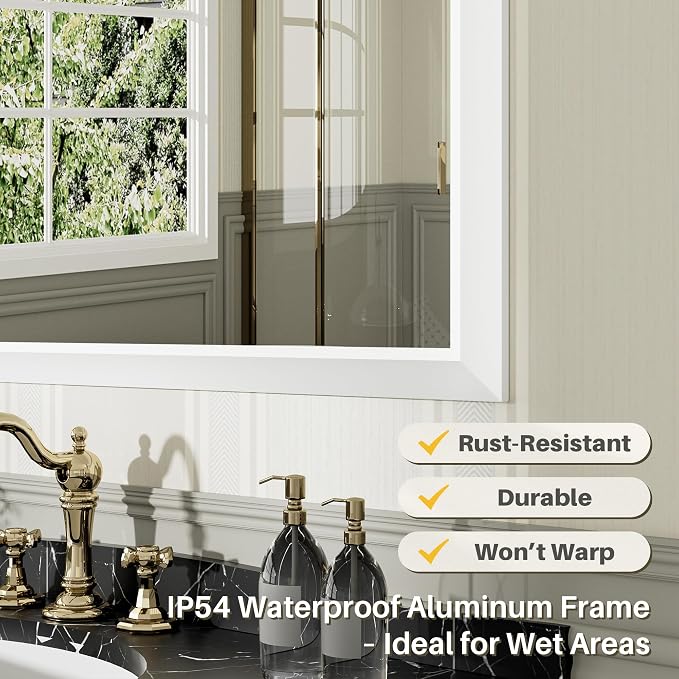 Bathroom Wall Mirror, White Metal Frame, 48x32 Inch | Anti-rust, HD tempered glass, for bathroom vanity, bedroom, living room, horizontal or vertical mount