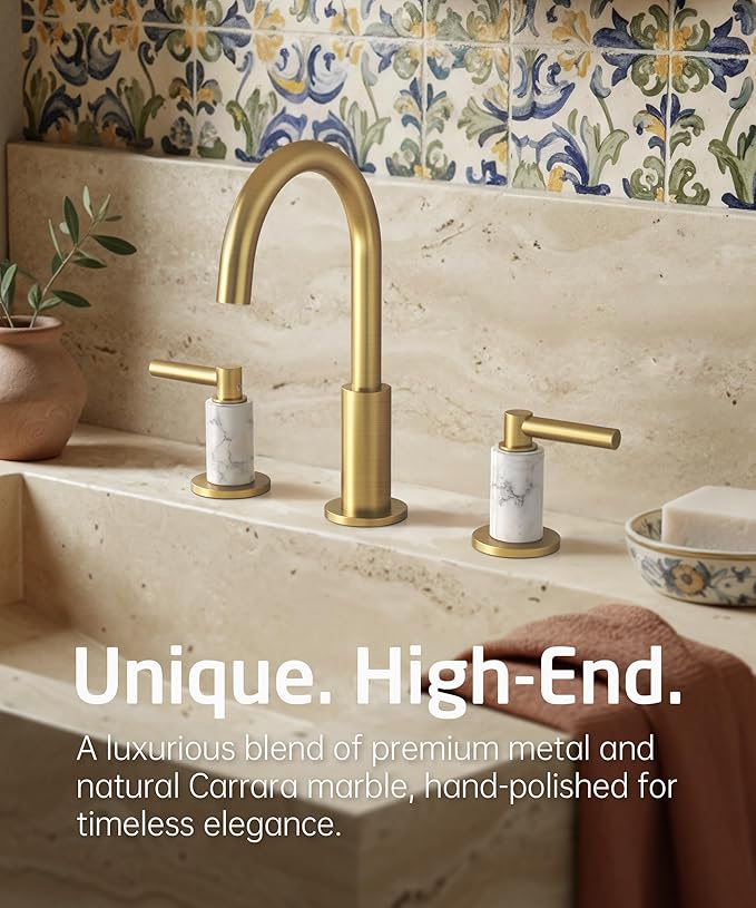 KES Natural Italian Carrara Marble Brushed Gold Bathroom Faucet 3 Hole with All Metal Pop Up Sink Drain, 8 Inch Widespread Bathroom Sink Faucet for Vanity, 360° Swivel Spout, 18/8 Stainless Steel