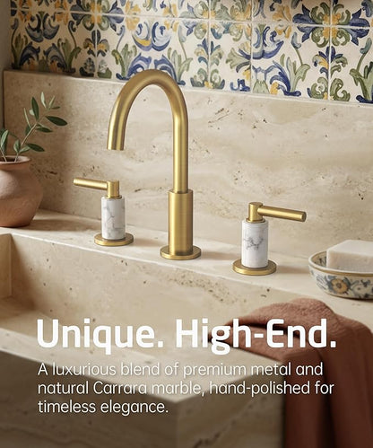 KES Natural Italian Carrara Marble Brushed Gold Bathroom Faucet 3 Hole with All Metal Pop Up Sink Drain, 8 Inch Widespread Bathroom Sink Faucet for Vanity, 360° Swivel Spout, 18/8 Stainless Steel