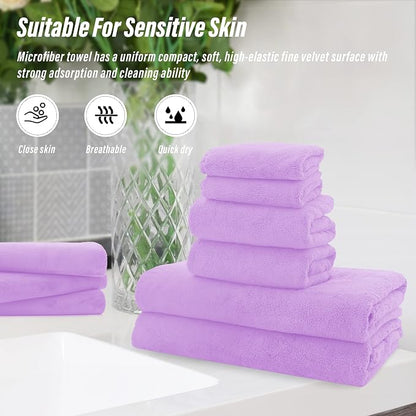 MOONQUEEN Ultra Soft Towel Set-Quick Drying - 2 Bath Towels 2 Hand Towels 2 Washcloths-Microfiber Coral Velvet Highly Absorbent Towel for Bath Fitness,Bathroom,Sports,Yoga, Travel(Purple, 6 Pcs)