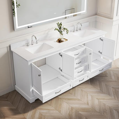 WELLFOR 80 Inch Bathroom Vanity with Double Sinks, Solid Wood Bathroom Vanity W/4 Soft-Close Doors and 6 Drawers, Cultured Marble Countertop Bathroom Vanities W/Sinks, White
