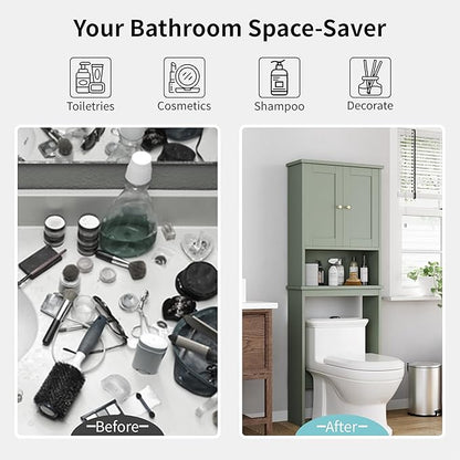 Shintenchi Over the Toilet Storage Cabinet, Bathroom Shelf Organizer with Anti-Tip Device Small Freestanding Space Saver with Adjustable Shelf，Green