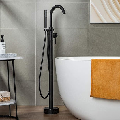 Woodbridge Contemporary Single Handle Floor Mount Freestanding Tub Filler Faucet with Hand Shower in Matte Black Finish,F0006MBRD