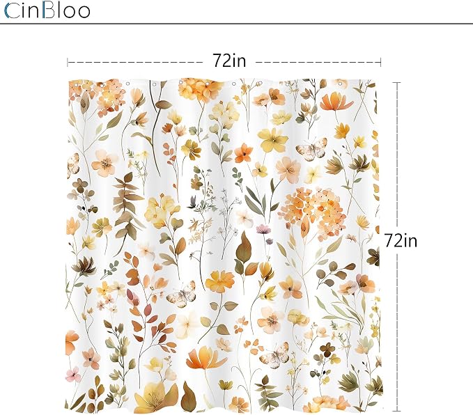 Orange Floral Flower Fall Autumn Brown Plants Bathroom Shower Curtain Set | 72"W x 72"H Botanical Wildflower; waterproof HD print, quick-dry fabric and plastic hooks for easy setup.