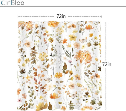 Orange Floral Flower Fall Autumn Brown Plants Bathroom Shower Curtain Set | 72"W x 72"H Botanical Wildflower; waterproof HD print, quick-dry fabric and plastic hooks for easy setup.
