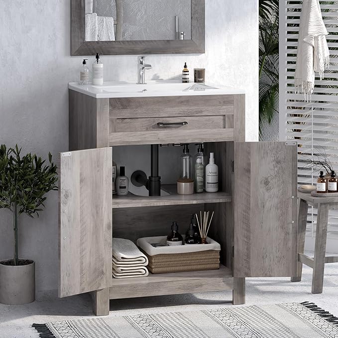 VINGLI 24" Farmhouse Bathroom Vanity with Sink, Undermount Vanity Sink Cabinet with Barn Door &Shelf,Free Standing Small Bathroom Storage Cabinet with Single Hole Ceramic Basin Combo Set,Washed Gray