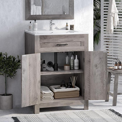 VINGLI 24" Farmhouse Bathroom Vanity with Sink, Undermount Vanity Sink Cabinet with Barn Door &Shelf,Free Standing Small Bathroom Storage Cabinet with Single Hole Ceramic Basin Combo Set,Washed Gray