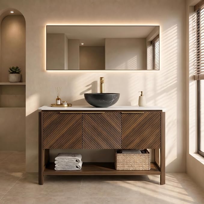 Yayzy 48 Inch Bathroom Vanity with Sink, Freestanding Dark Walnut Bathroom Cabinet, Black Marble Pattern Vessel Sink, Carrara White Sintered Stone Countertop, Soft Close Doors, Open Storage Shelf