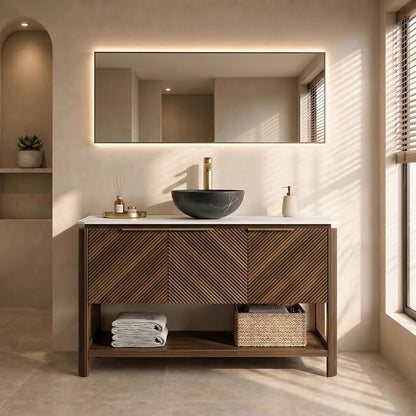 Yayzy 48 Inch Bathroom Vanity with Sink, Freestanding Dark Walnut Bathroom Cabinet, Black Marble Pattern Vessel Sink, Carrara White Sintered Stone Countertop, Soft Close Doors, Open Storage Shelf