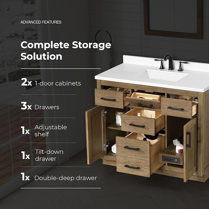 OVE Decors Bailey 42 in. Single Sink Freestanding Driftwood Oak Bathroom Vanity with White Quartz Top, Matching Backsplash and Power Bar