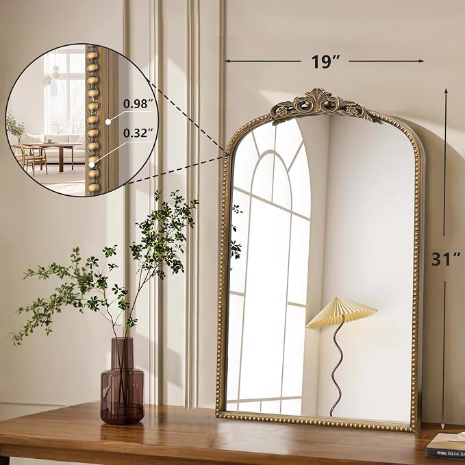 Micasso Bathroom Mirrors for Over Sink: 19"x31" Gold Vintage Arched Mirror | Traditional Ornate Baroque Decorative Antique Wall Mirror for Bedroom/Entryway/Hallway/Dresser/Vanity/Mantel/Nightstand