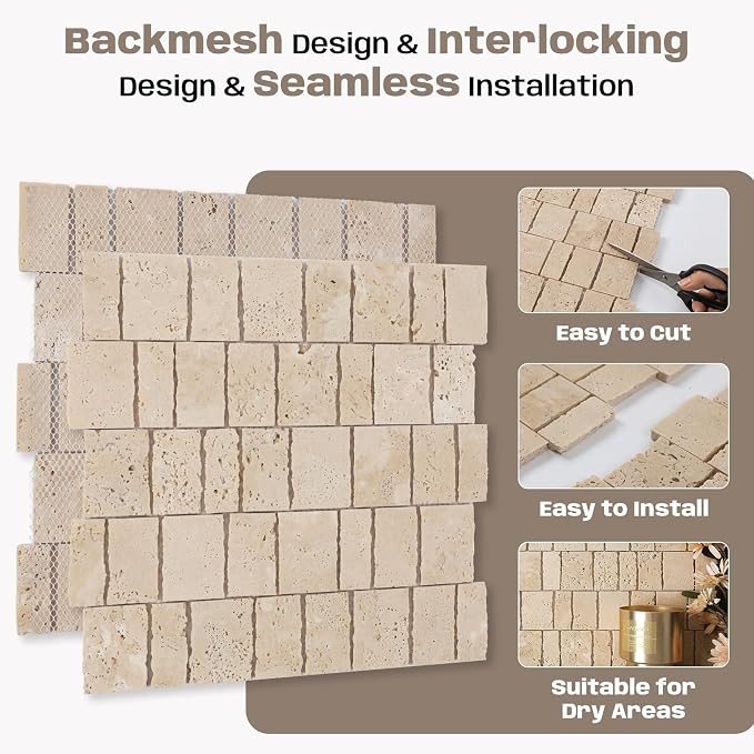 2×3 Inch Piano Travertine Marble Mosaic Tile for Wall Floor, 5 Sheets | Water & Heat Resistant Honed Marble Backsplash Tiles for Kitchen Bathroom Fireplace Surround Durable Unique Veins 4.5SQFT