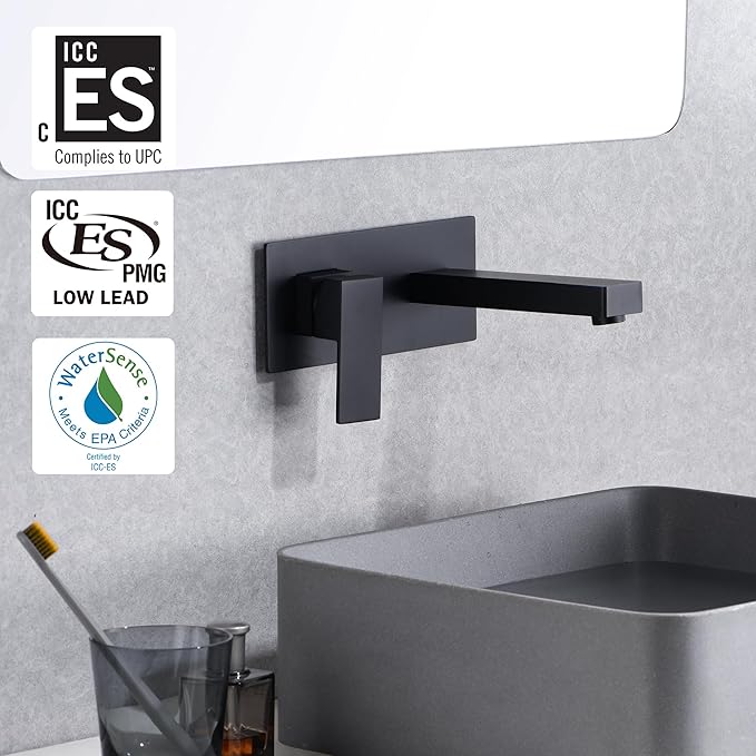 sumerain Matte Black Bathroom Faucet, Single Handle Wall Mount Sink Faucet and Rough in Valve Included, Left-Handed Design