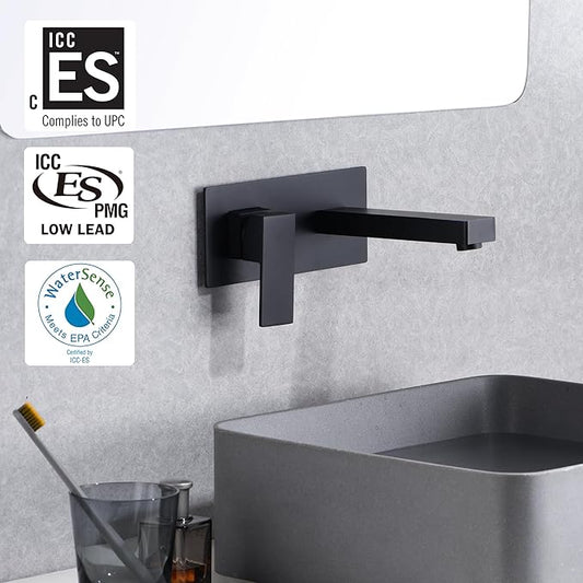 sumerain Matte Black Bathroom Faucet, Single Handle Wall Mount Sink Faucet and Rough in Valve Included, Left-Handed Design