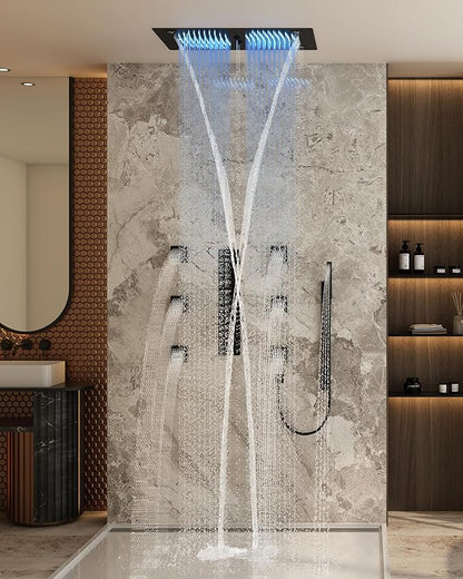 CASAINC 27x16 Inch Thermostatic Shower System Luxury 6 Functions Full Body Shower System with Sliding Rod 2 in 1 Handheld, LED & Music (Matte Black)