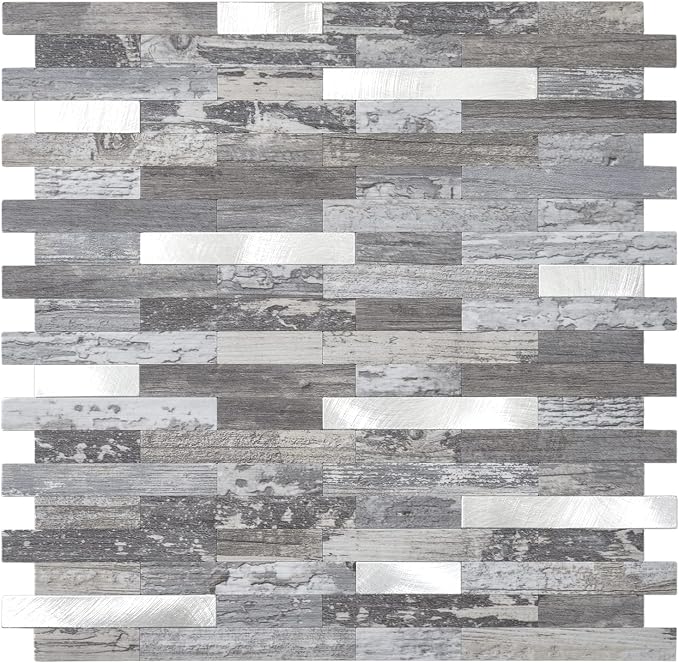 STICKGOO Peel and Stick Backsplash, PVC Wall Tiles Stick on Backsplash for Kitchen(5 Sheets, Distressed Wood with Metal Silver)