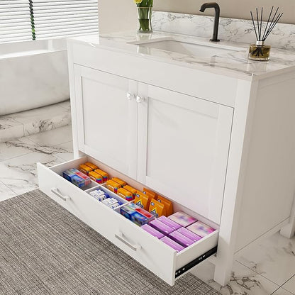 Montary 42" Bathroom Vanity with 43" Sintered Stone Carrara White Top, Modern Stylish MDF Bathroom Storage Cabinet, Vanity Set with 2 Doors and One Large Divided Drawer, White (Single Hole)