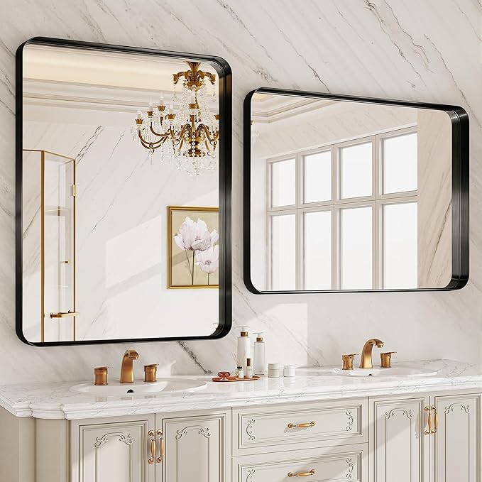 Bathroom Mirror for Wall, 30x22 Inch Rectangle Mirror,Matte Black Metal Framed Bathroom Vanity Mirror for Restroom Farmhouse, HD Tempered Glass,Anti-Rust Aluminum Alloy Mirror