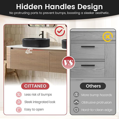 72" Floating Bathroom Vanity with Double Black Sink, Honey Oak | Pre-Assembled Fluted Wall Mounted Vanity with Ceramic Sink, Sintered Stone Countertop, Soft-Close Drawers & Towel Rack