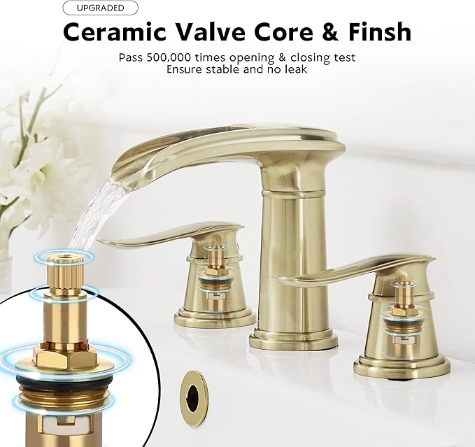 BWE Waterfall Bathroom Faucet, Brushed Gold 8 Inch Widespread Bathroom Sink Faucet Two-Handle with Pop-up Drain, for Vanity, Lavatory Sink